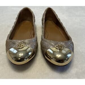 Tory Burch Women’s 9.5 M Kaitlin Quilted Metallic Ballet Flats Tan Silver Gold